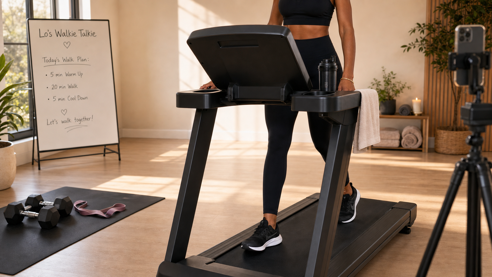 Home treadmill setup for a live virtual walking workout