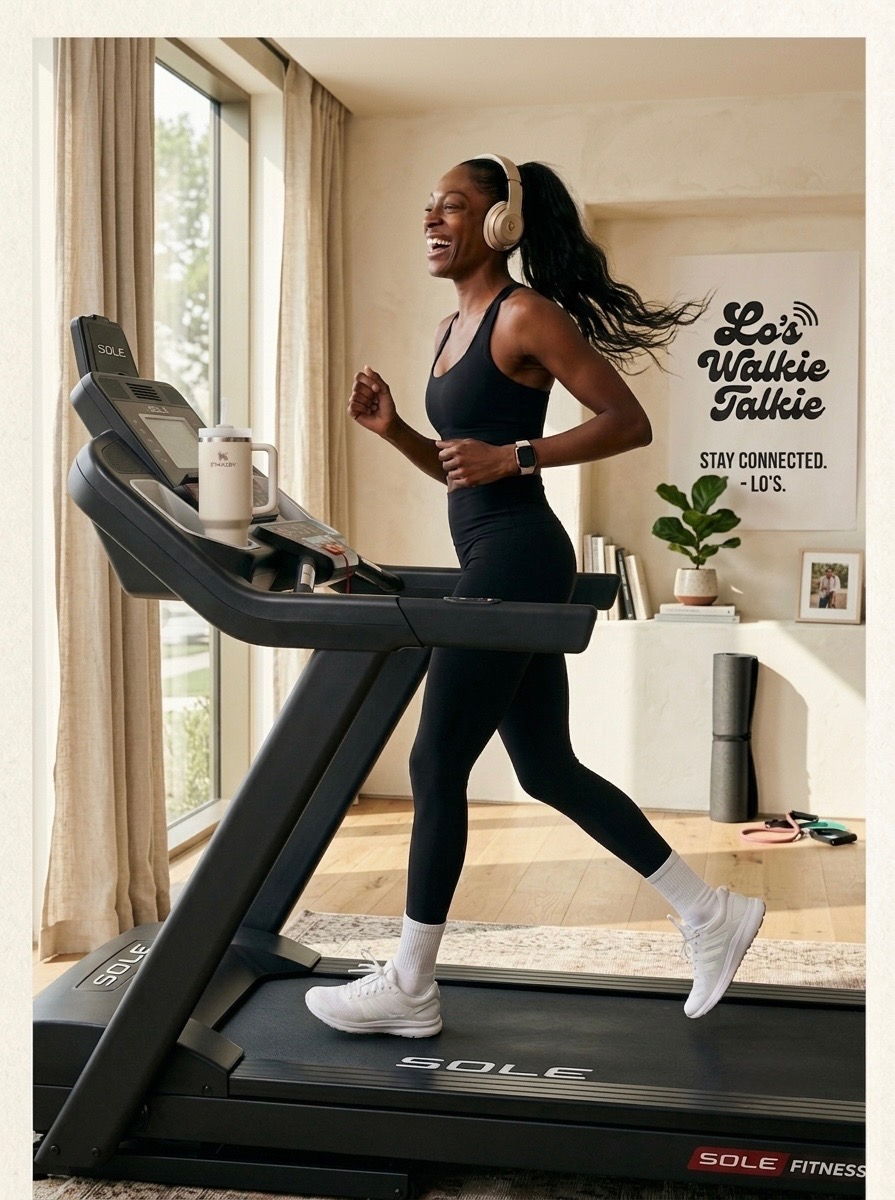 Lo leading a treadmill walking session from home